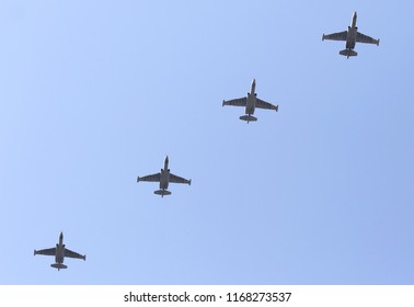 KYIV, UKRAINE - AUGUST 24, 2018: Ukrainian military planes fly over the Independence Square in Kyiv during the military parade, dedicated to the 27th Independence Day of Ukraine - Shutterstock ID 1168273537
