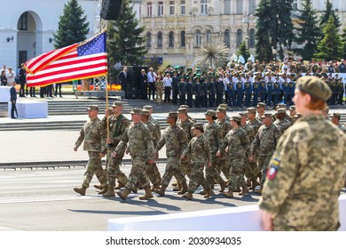 KYIV, UKRAINE - AUGUST 24, 2021: US Military During The Military Parade On The Occasion Of The 30th Anniversary Of Ukraine's Independence