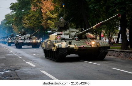 KYIV, UKRAINE - August 24, 2021: Tank T-64BM Bulat during a military parade, dedicated to Independence Day of Ukraine. Military armored vehicles, tanks, howitzers of the Ukrainian army. War in Ukraine