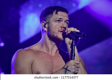 KYIV, UKRAINE - AUGUST 31, 2018: Dan Reynolds Of Imagine Dragons Performs In Concert At Olympic NSC On August 31, 2018, In Kiev