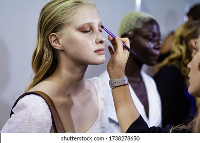 KYIV, UKRAINE - AUGUST 31, 2019: A Model At The Makeup Backstage Ukrainian Fashion Week Spring/Summer 2020.