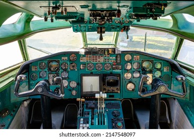 Kyiv, Ukraine - autumn 2021: Close-up view of the control panel of the TU154 aircraft. Steering wheel and aircraft control instruments. Aircraft interior.