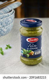 Kyiv, Ukraine - December 15, 2021:    Barilla Pesto Genovese Sauce In Jar On Table