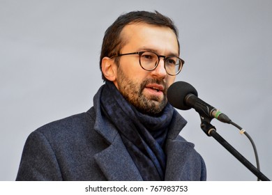 KYIV, UKRAINE - DECEMBER 3, 2017: People's Deputy Of Ukraine Serhiy Leshchenko Speaks On Stage, Calling For Ukraine's President Poroshenko To Resign In Central Kiev