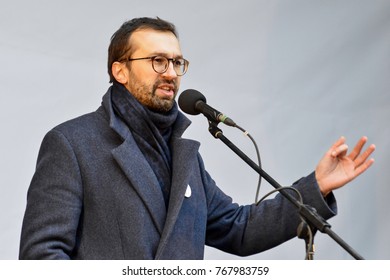 KYIV, UKRAINE - DECEMBER 3, 2017: People's Deputy Of Ukraine Serhiy Leshchenko Speaks On Stage, Calling For Ukraine's President Poroshenko To Resign In Central Kiev