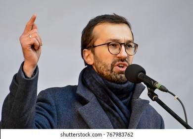 KYIV, UKRAINE - DECEMBER 3, 2017: People's Deputy Of Ukraine Serhiy Leshchenko Speaks On Stage, Calling For Ukraine's President Poroshenko To Resign In Central Kiev