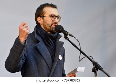 KYIV, UKRAINE - DECEMBER 3, 2017: People's Deputy Of Ukraine Serhiy Leshchenko Speaks On Stage, Calling For Ukraine's President Poroshenko To Resign In Central Kiev