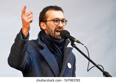 KYIV, UKRAINE - DECEMBER 3, 2017: People's Deputy Of Ukraine Serhiy Leshchenko Speaks On Stage, Calling For Ukraine's President Poroshenko To Resign In Central Kiev