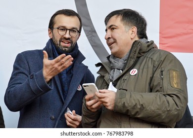 KYIV, UKRAINE - DECEMBER 3, 2017: Former Georgian President And Former Governor Of The Odessa Region Mikheil Saakashvili (R) And Serhiy Leshchenko (L) At The Impeachment March In Kiev