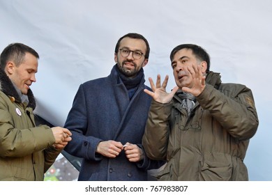 KYIV, UKRAINE - DECEMBER 3, 2017: Former Georgian President And Former Governor Of The Odessa Region Mikheil Saakashvili (R), Serhiy Leshchenko (C) And Derevyanko Yuiy (L) At The Impeachment March