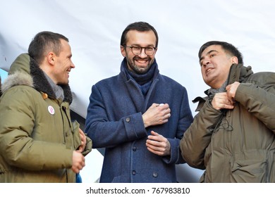 KYIV, UKRAINE - DECEMBER 3, 2017: Former Georgian President And Former Governor Of The Odessa Region Mikheil Saakashvili (R), Serhiy Leshchenko (C) And Derevyanko Yuiy (L) At The Impeachment March