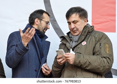 KYIV, UKRAINE - DECEMBER 3, 2017: Former Georgian President And Former Governor Of The Odessa Region Mikheil Saakashvili (R), Serhiy Leshchenko (L) At The Impeachment March In Kiev