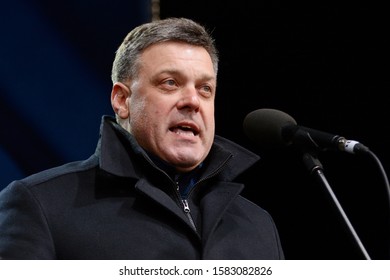 KYIV, UKRAINE – DECEMBER 8, 2019: Oleh Tyahnybok delivers a speech during a rally ahead of the so-called "Normandy" format summit, where leaders of Ukraine, Russia, Germany and France 