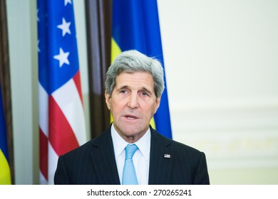 KYIV, UKRAINE - FEB 05, 2015: United States Secretary of State John Kerry during an official press-briefing in the Administration of the President of Ukraine. Ukraine. February 05, 2015. 
