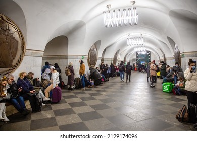 KYIV, UKRAINE - Feb. 24, 2022: War of Russia against Ukraine. Subway station serves as a shelter for thousands of people during a rocket and bomb attack