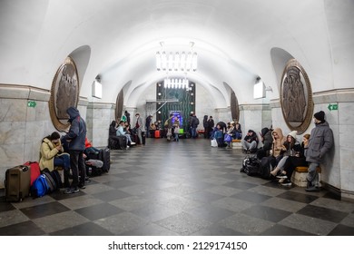 KYIV, UKRAINE - Feb. 24, 2022: War Of Russia Against Ukraine. Subway Station Serves As A Shelter For Thousands Of People During A Rocket And Bomb Attack