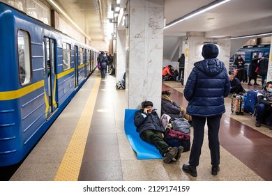 KYIV, UKRAINE - Feb. 24, 2022: War Of Russia Against Ukraine. Subway Station Serves As A Shelter For Thousands Of People During A Rocket And Bomb Attack