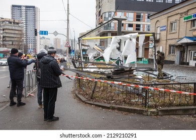KYIV, UKRAINE - Feb. 24, 2022: War of Russia against Ukraine. Debris of an a Russian rocket aftermath of an explosion in Kyiv, Ukraine