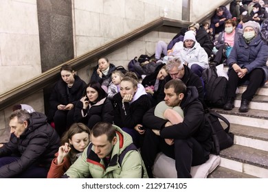 KYIV, UKRAINE - Feb. 25, 2022: War Of Russia Against Ukraine. Subway Station Serves As A Shelter For Thousands Of People During A Rocket And Bomb Attack