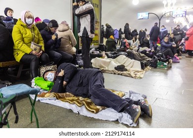 KYIV, UKRAINE - Feb. 25, 2022: War Of Russia Against Ukraine. Subway Station Serves As A Shelter For Thousands Of People During A Rocket And Bomb Attack