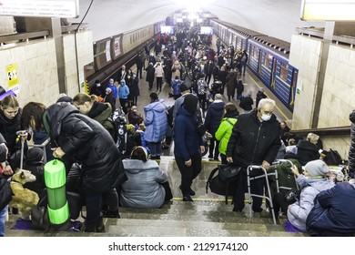 KYIV, UKRAINE - Feb. 25, 2022: War of Russia against Ukraine. Subway station serves as a shelter for thousands of people during a rocket and bomb attack