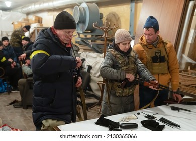 KYIV, UKRAINE - Feb. 28, 2022: War of Russia against Ukraine. Kyiv territorial defense. A large number of civilians enrolled in the territorial defense units