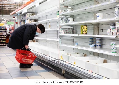 KYIV, UKRAINE - Feb. 28, 2022: War of Russia against Ukraine. Empty shelves in Kiev grocery stores