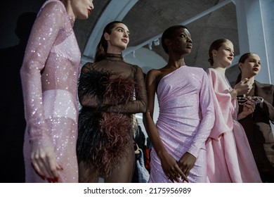 KYIV, UKRAINE - FEBRUARY 04, 2022: Models Backstage GASANOVA Show - Ukrainian Fashion Week Fall Winter 2022-2023