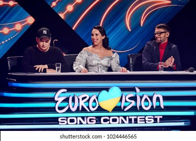 KYIV, UKRAINE - FEBRUARY 11, 2018: Jamala (C), Andriy Danylko (L), Eugene Filatov (R) - Members Of The Jury Of The National Selection Eurovision-2018 From Ukraine