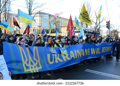 KYIV, UKRAINE - February 12, 2021: People take part in the Unity March, which is a procession to demonstrate Ukrainians' patriotic spirit amid growing tensions with Russia, in Kyiv, Ukraine
