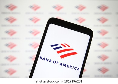 KYIV, UKRAINE - FEBRUARY 17, 2021: In this photo illustration Bank of America logo of a US multinational investment bank is seen on a mobile phone screen.
