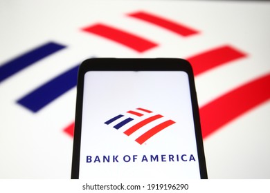 KYIV, UKRAINE - FEBRUARY 17, 2021: In this photo illustration Bank of America logo of a US multinational investment bank is seen on a mobile phone screen.