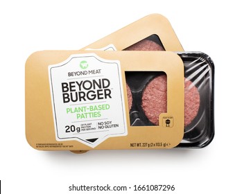 Kyiv, Ukraine - February 18 2020: Package And Content Of Beyond Meat Beyond Burgers Isolated On White Background