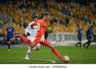 KYIV, UKRAINE - FEBRUARY 18, 2021: Simon Mignolet. The Football Match Of UEFA Europa League FC Dynamo Kyiv - FC Brugge