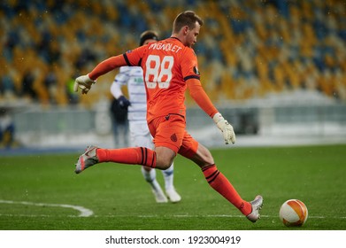 KYIV, UKRAINE - FEBRUARY 18, 2021: Simon Mignolet. The Football Match Of UEFA Europa League FC Dynamo Kyiv - FC Brugge