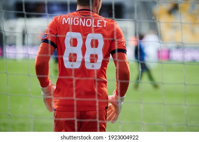 KYIV, UKRAINE - FEBRUARY 18, 2021: 88 Simon Mignolet . The Football Match Of UEFA Europa League FC Dynamo Kyiv - FC Brugge