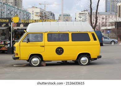 Kyiv, Ukraine - February 20 2022: Yellow Van Bar On Street