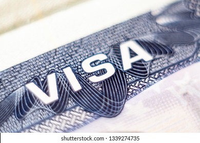 KYIV, UKRAINE - FEBRUARY 2019: Close Up Macro Of The United States Of America Visa Header In Passport