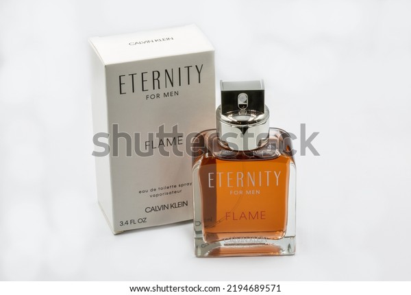 Kyiv,\
Ukraine - February 23, 2022: Calvin Klein Eternity Flame fragrance\
for men bottle and box on white. Eternity for men fragrance was\
created by Carlos Benaim and was launched in\
1989.