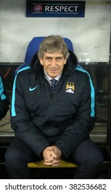 KYIV, UKRAINE - February 24, 2016: Manchester City Manager Manuel Pellegrini Looks On During UEFA Champions League Game Against Dynamo Kiev At NSC Olimpiyskyi Stadium