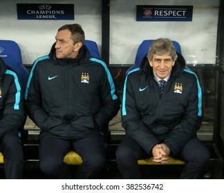 KYIV, UKRAINE - February 24, 2016: FC Manchester City Manager Manuel Pellegrini Looks On During UEFA Champions League Game Against Dynamo Kiev At NSC Olimpiyskyi Stadium