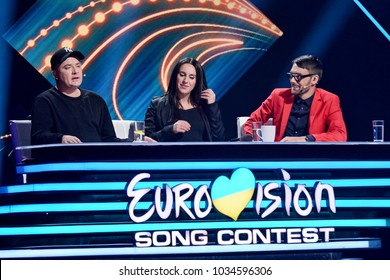 KYIV, UKRAINE - FEBRUARY 24, 2018: Jamala (C), Andriy Danylko (L), Eugene Filatov (R) - Members Of The Jury Of The National Selection Eurovision-2018 From Ukraine