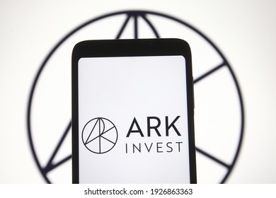 KYIV, UKRAINE - FEBRUARY 25, 2021: In This Photo Illustration ARK Investment Management LLC Logo Is Seen On A Mobile Phone Screen.