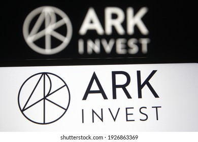 KYIV, UKRAINE - FEBRUARY 25, 2021: In This Photo Illustration ARK Investment Management LLC Logo Is Seen On A Mobile Phone Screen.