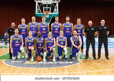 KYIV, UKRAINE - FEBRUARY 26, 2018: Sweden National Basketball Team Group Photo Before The Match. FIBA World Cup 2019 European Qualifiers Game. Palace Of Sports, Kiev