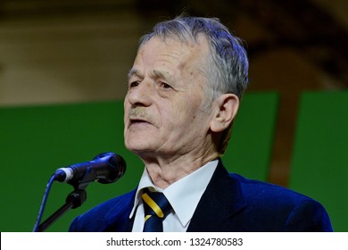 KYIV, UKRAINE - FEBRUARY 26, 2019: Ukrainian Crimean Tatar Politician Mustafa Dzhemilev During The Forum  Devoted To The 5th Anniversary Of The Military Occupation Of The Crimea By Russia In 2014