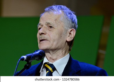 KYIV, UKRAINE - FEBRUARY 26, 2019: Ukrainian Crimean Tatar Politician Mustafa Dzhemilev During The Forum  Devoted To The 5th Anniversary Of The Military Occupation Of The Crimea By Russia In 2014