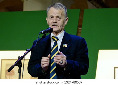 KYIV, UKRAINE - FEBRUARY 26, 2019: Ukrainian Crimean Tatar Politician Mustafa Dzhemilev During The Forum  Devoted To The 5th Anniversary Of The Military Occupation Of The Crimea By Russia In 2014