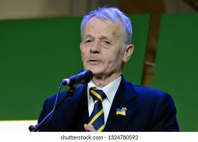 KYIV, UKRAINE - FEBRUARY 26, 2019: Ukrainian Crimean Tatar Politician Mustafa Dzhemilev During The Forum  Devoted To The 5th Anniversary Of The Military Occupation Of The Crimea By Russia In 2014