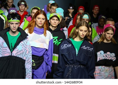 KYIV, UKRAINE - FEBRUARY 4, 2019: Models Present A Sporty Street Style Creation By Designer SOFIA ROUSINOVICH During The 44th Ukrainian Fashion Week Season Fall/Winter 2019/20 At Mystetskyi Arsenal